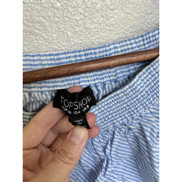 Topshop Blue & White Pinstripe Frill Bardot Ruffled Mini Dress size 4 boho date - Picture 6 of 9